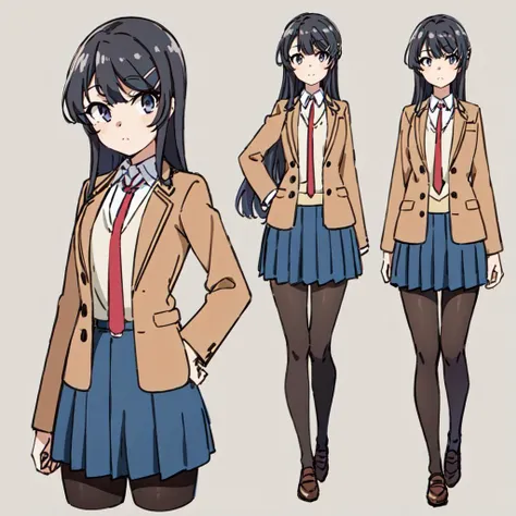 sakurajima mai, mai-san, <lora:mai:0.7>, masterpiece, high quality, 1girl, solo, long hair, looking at viewer, blush, smile, skirt, simple background, shirt, black hair, hair ornament, long sleeves, white background, closed mouth, school uniform, standing, purple eyes, jacket, full body, white shirt, pantyhose, pleated skirt, necktie, shoes, hairclip, collared shirt, blue skirt, hand on hip, black pantyhose, brown footwear, blazer, red necktie, loafers, brown jacket, rabbit hair ornament