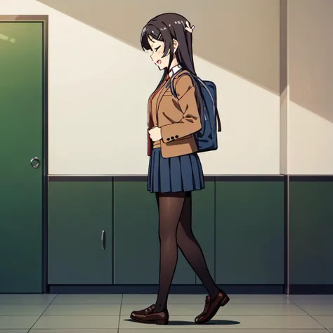 mai-san, sakurajima mai, <lora:mai:0.7>, 1girl, solo, long hair, smile, open mouth, skirt, black hair, hair ornament, school uniform, jacket, closed eyes, pleated skirt, necktie, hairclip, bag, profile, red necktie, brown jacket, rabbit hair ornament, side view, full body