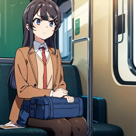 mai-san, sakurajima mai,  <lora:mai:0.7>,1girl, long hair, short hair, blue eyes, skirt, brown hair, shirt, black hair, hair ornament, long sleeves, 1boy, brown eyes, sitting, school uniform, purple eyes, jacket, white shirt, pantyhose, pleated skirt, necktie, hairclip, collared shirt, bag, looking at another, crossed arms, blazer, red necktie, school bag, brown jacket, rabbit hair ornament, train interior