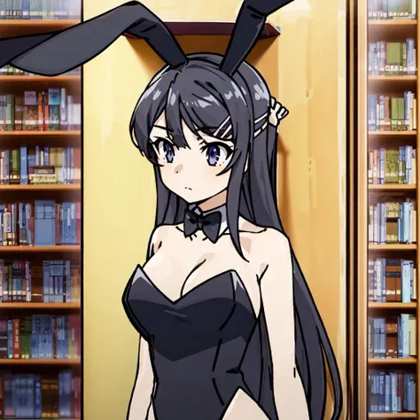 <lora:mai:1>, masterpiece, high quality, 1girl, solo, long hair, breasts, looking at viewer, black hair, hair ornament, bow, animal ears, cleavage, medium breasts, purple eyes, upper body, hairclip, bowtie, rabbit ears, leotard, book, strapless, black bow, detached collar, fake animal ears, playboy bunny, black leotard, strapless leotard, black bowtie, bookshelf, library