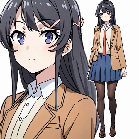 sakurajima mai, mai-san, <lora:mai:0.7>, masterpiece, high quality, 1girl, solo, long hair, looking at viewer, blush, smile, skirt, simple background, shirt, black hair, hair ornament, long sleeves, white background, closed mouth, school uniform, standing, purple eyes, jacket, full body, white shirt, pantyhose, pleated skirt, necktie, shoes, hairclip, collared shirt, blue skirt, hand on hip, black pantyhose, brown footwear, blazer, red necktie, loafers, brown jacket, rabbit hair ornament