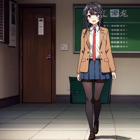 mai-san, sakurajima mai, <lora:mai:0.7> ,masterpiece, high quality, full body, walking, 1girl, solo, long hair, looking at viewer, smile, open mouth, blue eyes, shirt, black hair, hair ornament, school uniform, purple eyes, jacket, white shirt, upper body, :d, necktie, hairclip, blazer, red necktie, brown jacket