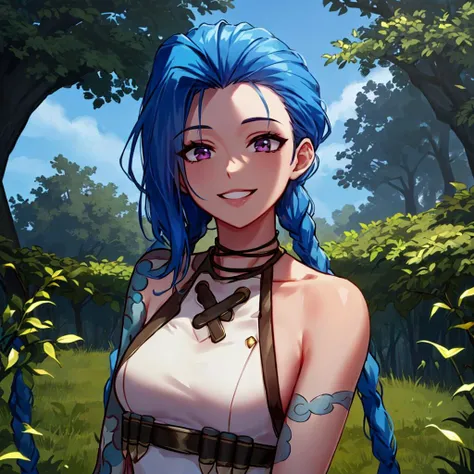 masterpiece, highres, best quality, ultra-detailed, perfect lighting, adult, grass, plants, trees, leaves, nature, blue sky, mature, female, outdoors, 1girl, looking at viewer, smile, medium breasts, chmk, white dress, <lora:STYLE-Islandsers:0.4>, <lora:CHAR-Jinx:1.4>, jinxlol. upper body,