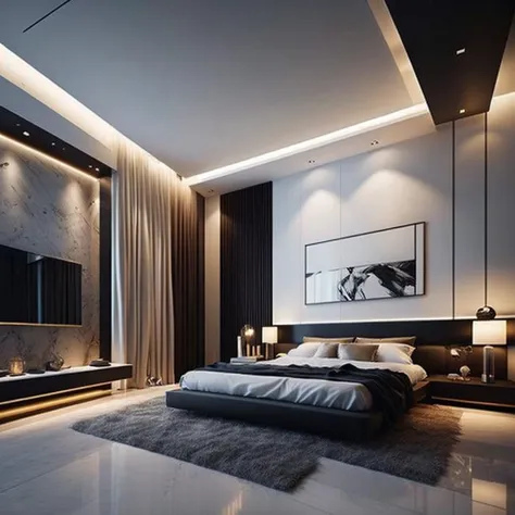 <lyco:Modern_interior_design_Sa_May:1.0> Modern lux interior design of bedroom, minimalist modern style, super details