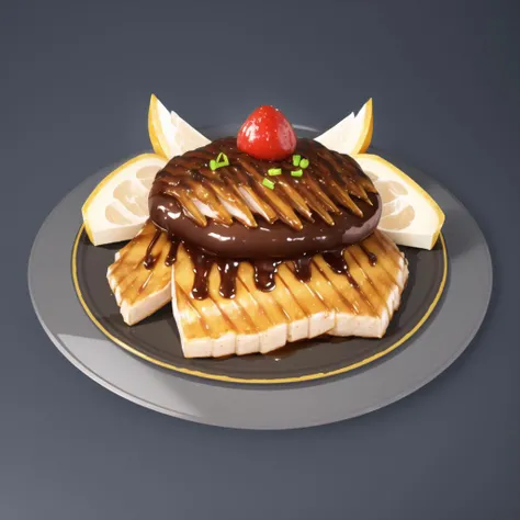 <lora:c d Blender black ground q_20230620174226:0.85>, Game icons, {masterpiece}}, {a plate of fish}, solid color background,icon