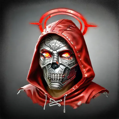 score_9, score_8_up, score_4_up,The mask of the Red Death, mask, dark red hood,skull,photorealism,only the head,metal mask,Only the mask,engraving, engraving on the mask,The red halo,cyberpunk,hitach, glow eyes, red eyes, hood