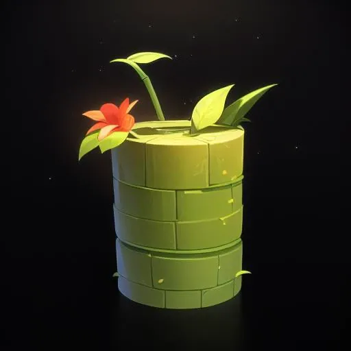 game icon ，{A masterpiece, an object}, a flower on a bamboo tube, a red hanging pot, a cobblestone, a game map, (master's work), a green leaf, an oriental element，black background