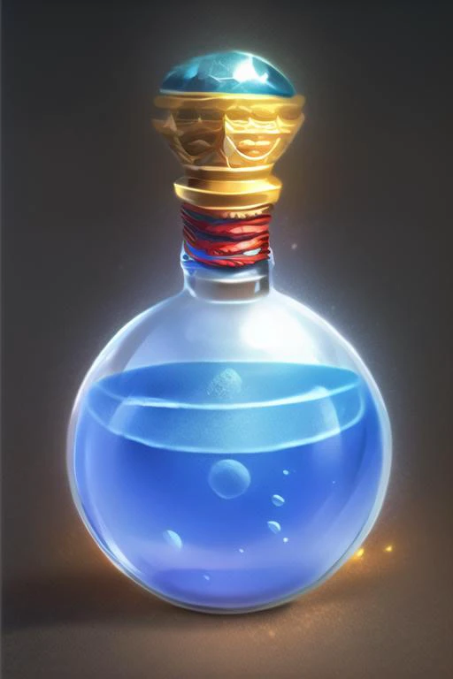 A magic bottle, metal base, luxury, gold material, round bottle, gems, rope, reasonable structure, black bottom, high definition, game icon, central european style, (2d), black background, <lora:Gameiconresearch_bottle:1>