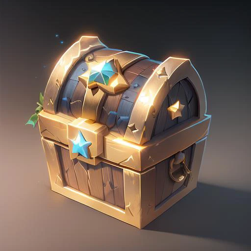 A treasure chest, simple, with a simple pattern of stars, no_humans, lens_flare, moon, sun, game icon, cartoon style, transparent background <lora:last:0.5>