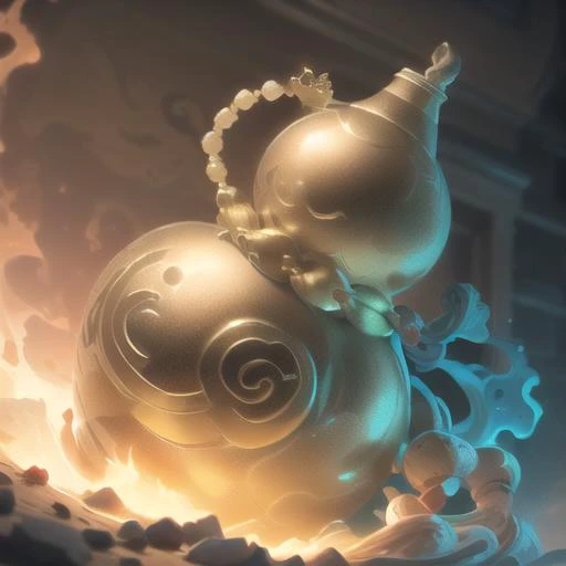 (fantasy),(masterpiece, top quality, best quality, official art, beautiful and aesthetic:1.2),(8k, best quality, masterpiece:1.2),(((white background))),
game icon, A gourd, pendant, pattern, Sprayed water a snowman with a crown on top of it's head and a flame coming out of its mouth, transparent_background, full_body, moon <lora:GameIconResearch_gourd_Lora:1>