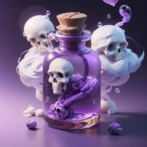 3DMM, 3d render, purple background, gameicon, bottle with purplewater, skull, ((purple smokes background):1.2), bubbles on water, ((best quality, masterpiece, absurdres):1.2), <lora:3DMM_V10:1>