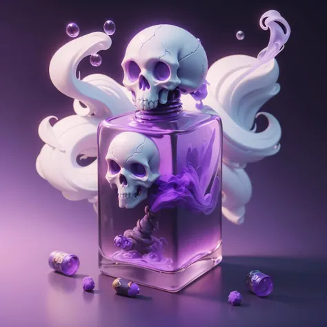 3DMM, 3d render, purple background, gameicon, bottle with purplewater, skull, ((purple smokes background):1.2), bubbles on water, ((best quality, masterpiece, absurdres):1.2), <lora:3DMM_V10:1>