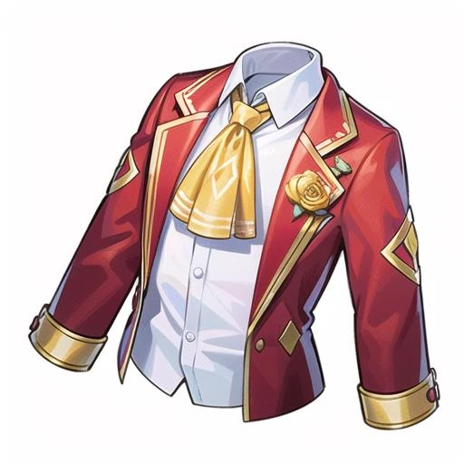 (masterpiece, top quality, best quality, official art, beautiful and aesthetic:1.2),(8k, best quality, masterpiece:1.2),(((white background,))),A red coat with a yellow rose on it and a white shirt inside, with a white shirt underneath it, solo, long sleeves, white background, white shirt, upper body, flower, collared shirt, sleeves past wrists, ascot, no humans, rose, formal, yellow rose<lora:game icon institute_2D:0.5>,