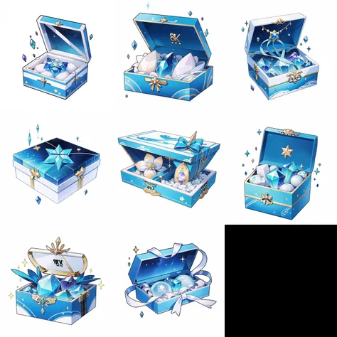 (masterpiece, top quality, best quality, official art, beautiful and aesthetic:1.2),(8k, best quality, masterpiece:1.2),(((white background,))),a blue gift box with a star on top of it and a ribbon around the top of it,white background,flower,no humans,sparkle,gem,blue theme,crystal,blue gemstone,still life,pearl \(gemstone\),<lora:game icon institute_2D:0.5>,