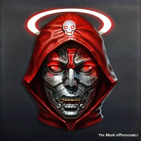 score_9, score_8_up, score_4_up,The mask of the Red Death, mask, dark red hood,skull,photorealism,only the head,metal mask,Only the mask,engraving, engraving on the mask,The red halo,cyberpunk,hitach, glow eyes, red eyes, hood