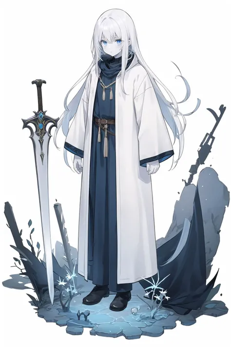 Character design,full body,40 years old man,glass,slender,ghost,tall body,dark knight,nihilistic,white skin,long Indigo hair,blue iris,medieval fantasy,adventurer clothes,has a big sword,good looking,no bread,white background,best Quality(full body:1.7),simple background,