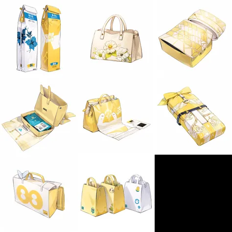 (masterpiece, top quality, best quality, official art, beautiful and aesthetic:1.2),(8k, best quality, masterpiece:1.2),(((white background,))),Yellow and white paper bag with yellow and white pattern on the side and yellow and white pattern on the front,Simple pattern,white background,no humans,solo,Paper bag,