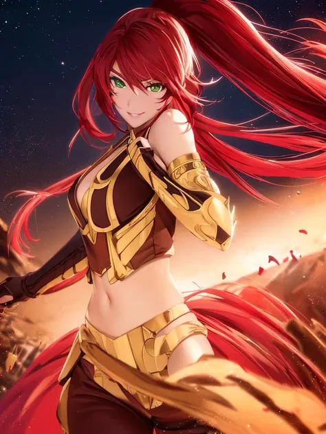 red hair, ponytail, gold armor ,(realistic:1.2), (realism), (masterpiece:1.2), (best quality),  (8k, 4k, intricate),(full-body-shot:1),(Cowboy-shot:1.2), (85mm),light particles, lighting, (highly detailed:1.2),(detailed face:1.2), (gradients), sfw, colorful, (detailed eyes:1),  (detailed background),detailed landscape, (dynamic angle:1.2), (dynamic pose:1.2), (rule of third_composition:1.3), (Line of action:1.2), wide shot, daylight, solo,<lora:pyrrhaNikosRWBY_v10:0.9>