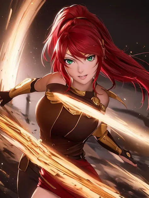 red hair, ponytail, gold armor ,(realistic:1.2), (realism), (masterpiece:1.2), (best quality), (8k, 4k, intricate),(full-body-shot:1),(Cowboy-shot:1.2), (85mm),light particles, lighting, (highly detailed:1.2),(detailed face:1.2), (gradients), sfw, colorful, (detailed eyes:1), (detailed background),detailed landscape, (dynamic angle:1.2), (dynamic pose:1.2), (rule of third_composition:1.3), (Line of action:1.2), wide shot, daylight, solo,<lora:pyrrhaNikosRWBY_v10:0.9>, arms at side