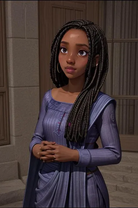 a curly-haired 13-year-old black boy with a blue blouse and a blue forehead