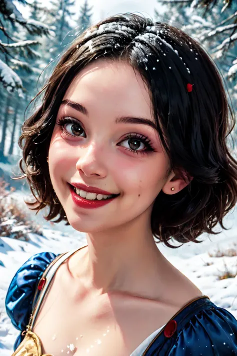 Snow White, 8k UHD, high quality, dramatic, cinematic, smiley face, grin, <lora:princess_test1:0.5>, <lora:gyaru_grin_v1.0:0.5>,