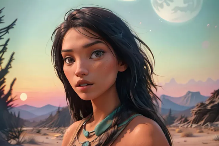 a photo of (pocahontas in woods, selfie,sasha luss
<lora:princess_V1:0.5>), death star style, tops trading card of a martian, grunge style artwork, 4k, headshot, under the bright moon in the desert, distressed, simple, faded neon background, scratched, In the style of deep space, risograph