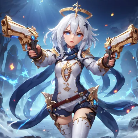 <lora:xl_paimeng girl2-000008:1>,paimeng girl,white hair,Special clothing,wielding dual pistols <lora:XL_Weapon_Dual_Pistols_-_By_HailoKnight:0.8> dual pistols,