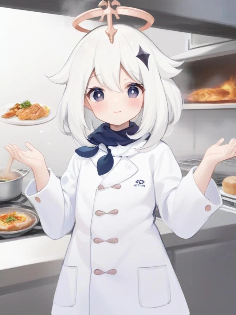 <lora:æ´¾èxl-000006:1>,paimeng girl,white cook coat