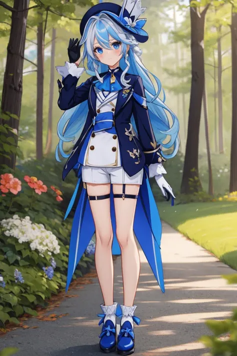 <lora:FurinaGI_00_01:0.6>, (masterpiece), (best quality), (detailed background, best lighting), ultra-detailed, highly detailed, (blush), solo,
<BRAKE>
(beach:1.4), forest, stone, on grass, on beach, (colorful flowers), shadow, sunlight, warm, side lighting,
<BRAKE>
frna, 1girl, long hair, looking at viewer, bangs, blue eyes, shirt, gloves, long sleeves, hat, hair between eyes, jewelry, closed mouth, blue hair, standing, jacket, full body, white shirt, braid, white hair, multicolored hair, earrings, shoes, shorts, black gloves, white gloves, streaked hair, short shorts, thigh strap, swept bangs, white socks, blue jacket, brooch, blue headwear, blue footwear, white shorts, blue gloves, tilted headwear, blue ascot