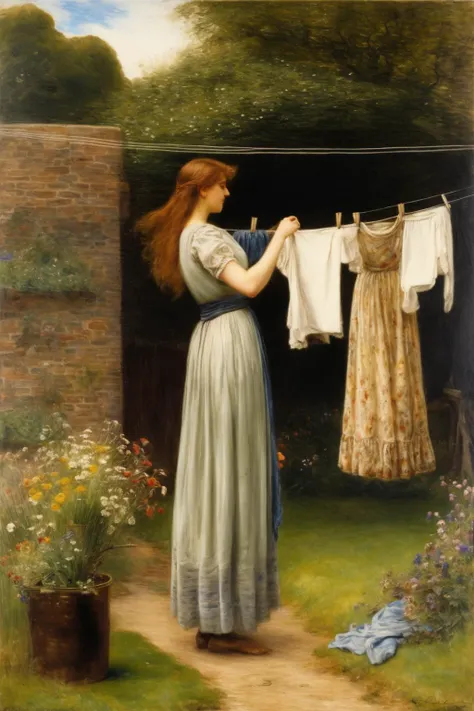 <lora:Alfred Augustus Glendening style:1>Alfred Augustus Glendening style - woman in a flowing velvet dress hanging laundry outside to dry on a clothesline, child picking flowers beside her Pre-Raphaelite, John Everett Millais oil painting