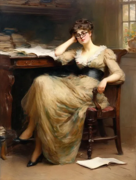 Alfred Augustus Glendening style of a lewd lady wearing glasses, with messy hair, nose blush, half-closed eyes, open mouth, lying on her desk, face up, back down, spread her legs, front view, full body, solo <lora:Alfred Augustus Glendening style:1>