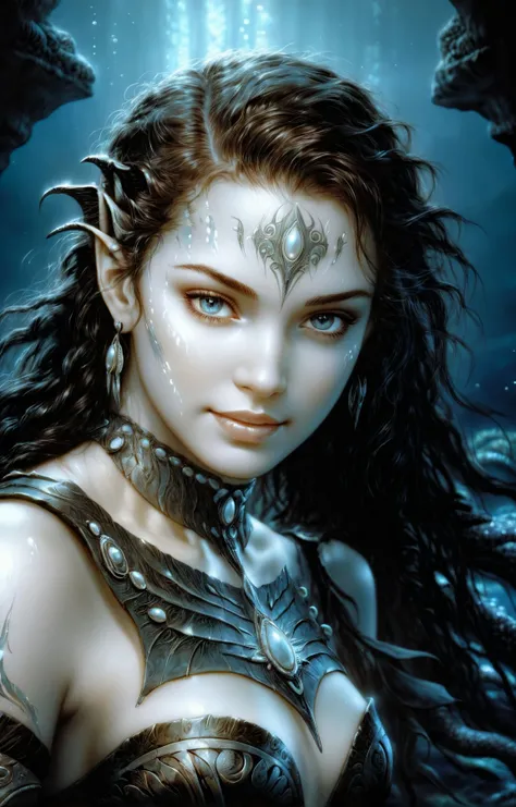 drawing by Luis Royo, dark low lit head and shoulders shot of a beautiful New Zealander woman smiling, detailed face, stunning beauty, detailed skin, skin texture, skin pores, (freckles:0.4), (focus on character:1.1), portrait, looking down, (high fantasy medieval theme:1.1), mystical atlantean, aquatic guardian, gills, fins, scale pattern, breathing underwater, stoic, wearing aquatic armor, pearl jewelry, aquatic tattoos, water manipulation, oceanic depths, underwater, realm enveloped in tidal currents, mythical aura, sunken ship wreckage, advanced technology, ocean floor in background, surrounded by (seahorses:0.8), translucence, dynamic shadows, cinematic atmosphere,. high quality, highly detailed, 4k, 8k, sketch <lora:Luis_Royo:0.7>