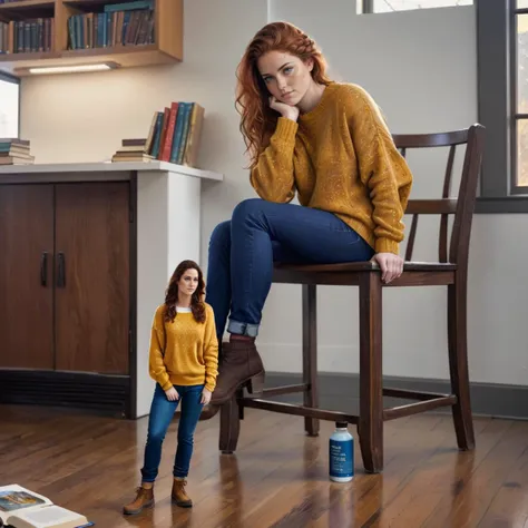 photorealistic illustration, magnificent, epic, majestic, dreamy, green hair, freckled skin, long braided hair, illustration involving two women, one  (shrunken:1.6, miniature:1.6) woman,35-year-old mature, fit, oversized blue baggy sweater, loose baggy pants, in school library, (woman standing on library desk),  pencil, woman next to notebook on desk, water bottle, wood floors, windows, wood chair, library shelves in background, lamp, stack of books on desk, (slight frown), and one tall [curvy]  woman wearing sweater and jeans standing on floor,  <lora:shrunk_v1_xl_64:0.2>