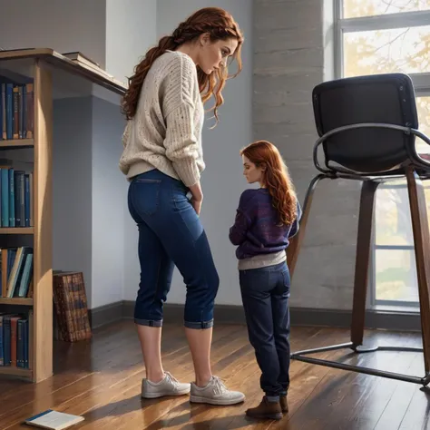 photorealistic illustration, magnificent, epic, majestic, dreamy, green hair, freckled skin, long braided hair, illustration involving two women, one  (shrunken:1.6, miniature:1.6) woman,35-year-old mature, fit, oversized blue baggy sweater, loose baggy pants, in school library, (woman standing on library desk),  pencil, woman next to notebook on desk, water bottle, wood floors, windows, wood chair, library shelves in background, lamp, stack of books on desk, (slight frown), and one tall [curvy]  woman wearing sweater and jeans standing on floor,  <lora:shrunk_v1_xl_64:0.2>