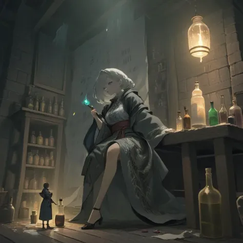 ((dirty)), highly detailed person, (miniature:1.2), 30 year old woman, very loose oversized baggy clothes, fantasy adventures party, broken cloth, dungeon, close-up, standing on wooden chair, woman next to magical paper scroll, woman next to potions bottle, anime style, UHD 8k wallpaper, <lora:shrunken:1.1>