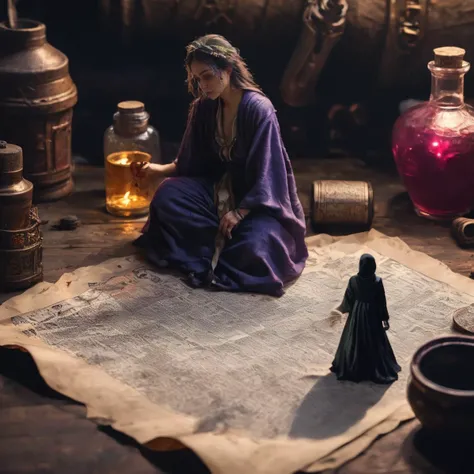 ((dirty)), highly detailed person, (shrunken:1.2,miniature:1.2), tiny 30 year old woman,  very loose oversized baggy clothes, fantasy adventures party, broken cloth, dungeon, close-up, [woman drinking giant potion bottle],  woman next to magical paper scroll, woman next to potions bottle, UHD 8k wallpaper,  <lora:shrunk_v1_xl:0.85>