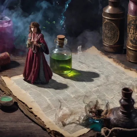 ((dirty)), highly detailed person, (shrunken:1.2,miniature:1.2), tiny 30 year old woman,  very loose oversized baggy clothes, fantasy adventures party, broken cloth, dungeon, close-up, [woman drinking giant potion bottle],  woman next to magical paper scroll, woman next to potions bottle, UHD 8k wallpaper,  <lora:shrunk_v1_xl:0.85>