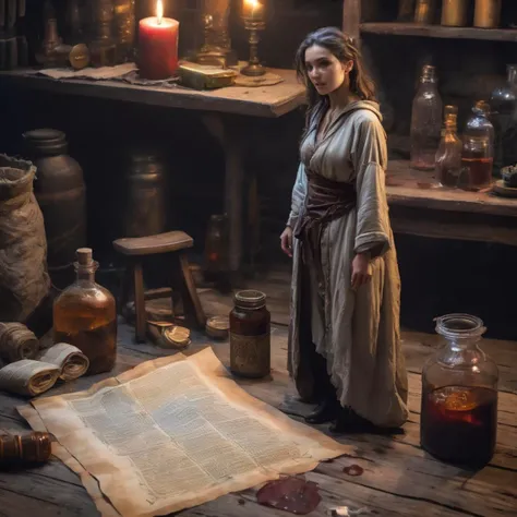 ((dirty)), highly detailed person, (shrunken:1.2,miniature:1.2), tiny 30 year old woman, very loose oversized baggy clothes, fantasy adventures party, broken cloth, dungeon, close-up, standing on wooden chair, woman next to magical paper scroll, woman next to potions bottle, UHD 8k wallpaper, <lora:shrunk_v1_xl:0.85>