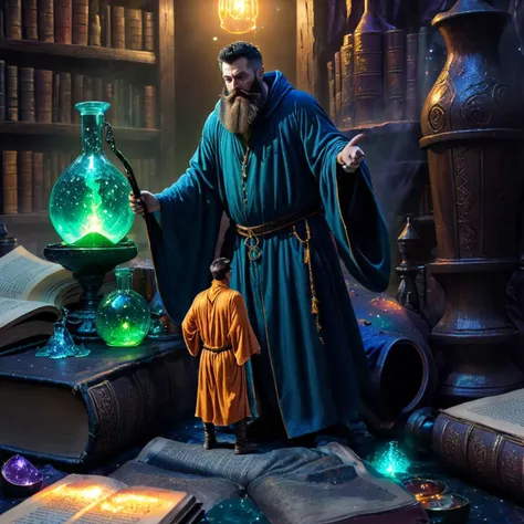 ((dirty)), highly detailed person, (shrunken:1.2,tiny:1.2) 30 year old bearded man, (very loose oversized baggy wizard robes), fantasy adventures party, broken cloth, dungeon, close-up, [tiny man drinking giant potion bottle surrounded by magical orange sparkling light], next to magical book, next to potions bottle, UHD 8k wallpaper, <lora:shrunk_xl_v11:1.4>