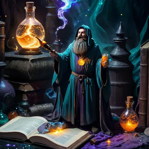 ((dirty)), highly detailed person, (shrunken:1.2,tiny:1.2) 30 year old bearded man, (very loose oversized baggy wizard robes), fantasy adventures party, broken cloth, dungeon, close-up, [tiny man drinking giant potion bottle surrounded by magical orange sparkling light], next to magical book, next to potions bottle, UHD 8k wallpaper, <lora:shrunk_xl_v11:1.4>