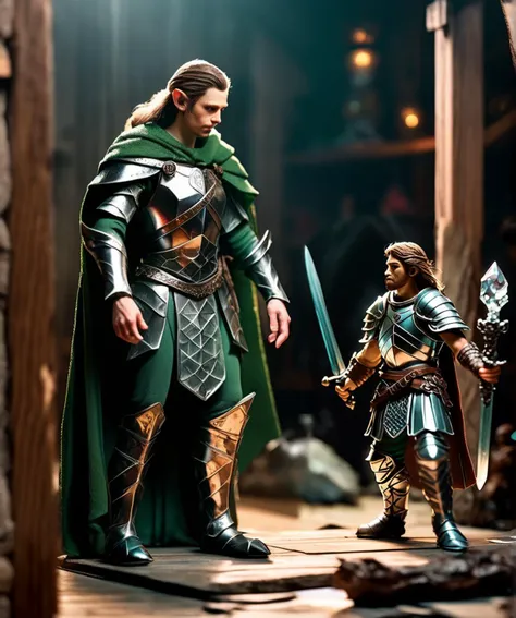 (best quality), (masterpiece), ultra-detailed, illustration, 
a scene involving one tiny (miniature:1.6) male warrior, looking at viewer, wearing a crystal transparent armor, 
one tall female elf in green cape,
wood table, wood door, magician laboratory,  
dungeons & dragons, 
8k uhd, dslr, soft lighting, high quality, film grain, Fujifilm XT3, sharp focus, F/8.0,
  , <lora:shrunken:0.2>
a scene involving one tiny (miniature:1.6) male warrior, looking at viewer, wearing a crystal transparent armor, 
one tall female elf in green cape,
wood table, wood door, magician laboratory,  
dungeons & dragons, 
8k uhd, dslr, soft lighting, high quality, film grain, Fujifilm XT3, sharp focus, F/8.0,
  , <lora:shrunken:0.2>