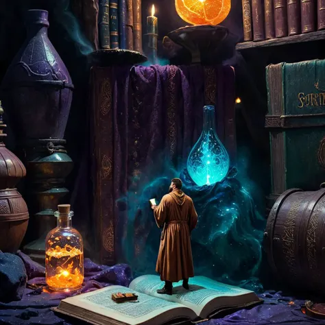 ((dirty)), highly detailed person, (shrunken:1.2,tiny:1.2) 30 year old bearded man, (very loose oversized baggy wizard robes), fantasy adventures party, broken cloth, dungeon, close-up, [tiny man drinking giant potion bottle surrounded by magical orange sparkling light], next to magical book, next to potions bottle, UHD 8k wallpaper, <lora:shrunk_xl_v11:1.4>