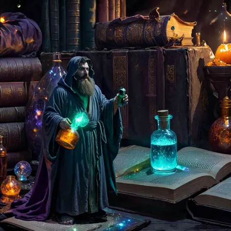 ((dirty)), highly detailed person, (shrunken:1.2,tiny:1.2) 30 year old bearded man, (very loose oversized baggy wizard robes), fantasy adventures party, broken cloth, dungeon, close-up, [tiny man drinking giant potion bottle surrounded by magical orange sparkling light], next to magical book, next to potions bottle, UHD 8k wallpaper, <lora:shrunk_xl_v11:1.4>