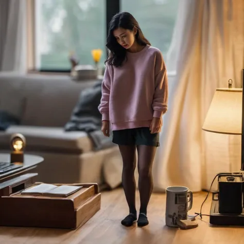 (best quality), (masterpiece), ultra-detailed, illustration, a scene involving one tiny (miniature:1.6) woman, looking at viewer, 30 year old, (huge loose oversized sweatshirt and loose shorts),  wearing socks, miniature woman (standing on desk next to keyboard, lamp), living room, couch, sofa, lamp, curtains, wood floors, coffee table, side table, windows, apartment, dynamic light, combed back black hair, 8k uhd, dslr, soft lighting, high quality, film grain, Fujifilm XT3, sharp focus, F/8.0,  <lora:shrunken:1>