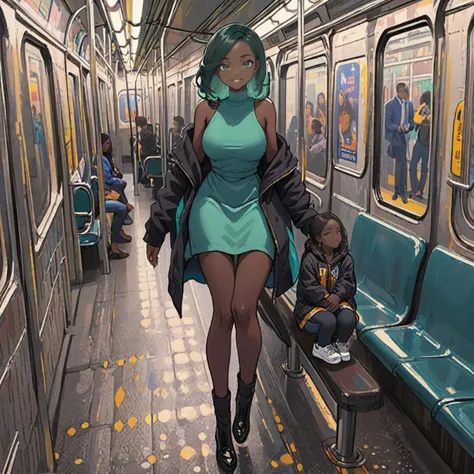 magnificent, epic, majestic, dreamy, green hair, (dark skin), long straight hair, (miniature:1.6), one tiny 35-year-old mature woman, green eyes , fit, subway background, ((standing on top of subway chair bench)), makeup, (mischievous smile), <lora:shrunken:0.3>