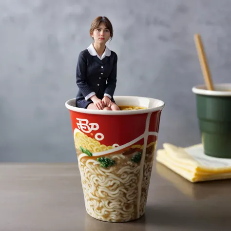 (cup ramen, cup noodle:1.1), 
a (miniature:1.3) girl dressed as office lady (sitting on the edge of the cup:1.3) , expressionless,
<lora:shrunk_xl:1> shrunken, tiny, from side, countertop, looking at side,, score_9, score_8_up, score_7_up, score_6_up,