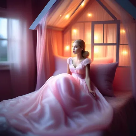 <lyco:microxl_v2_sdxl> <lora:spiderweb> a human female wearing dress made out of airy silk sitting on a bed in a doll house, realsitic lighting, macro, close-up, detailed, outside house visible