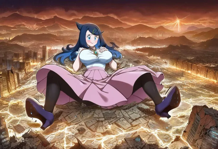 score_9, score_8_up, source_anime, BREAK 1girl, masterpiece, best quality, extremely detailed, 1women, 1girl,  liko \(pokemon\), super long hair, black hair, blue highlights, hair clip, dress, white dress, skirts, pink skirts, necklace, big breasts, black pantyhose, purple high heels, larger than the city, giantess full body shots, giantess, giant, goddess, gigantic women, size difference, smile, (smirk:0.6), confident look, enjoying herself, blush, long legs, perfect arms, perfect hands, perfect face, perfect legs, perfect thighs, perfect feet, perfect eyes, breasts squeezed together, covering, crushing planet with breasts, extremely beautiful, sexy women, divine, violet aura, getting wet, super horny, having an orgasm, cumming, breasts covered, night time, fantasy, cityscape, landscape, <lora:giantess:1>, laying on the stomach, city, giga giantess, gts, giantess laying on a flooded cityscape, entire city flooded with water, destruction, rampage, huge craters, ravines, cracks in the ground, earthquake, smoke, apocalypse, destroyed city, ruins, rubble, debris, crumbling, destroyed buildings, knocked over buildings, toppled skyscrapers, crumbling buildings, falling buildings, rampage in the city, destruction in the city, destroyed cityscape, mountain background, growing even bigger, motion lines, catastrophe, flooded, tiny people, shrunk, tiny, microcl, meteor shower