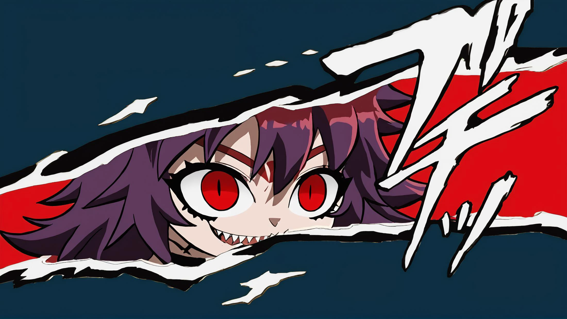 <lora:CultistChanP2:0.7>, CultistChan, (purple hair:1.15), (dark red hair:1.15), (messy hair:1.15), skinny, small breasts, red eyes, medium hair, sharp teeth, tattoo, choker, bandeau, skirt, thighighs, smile, cute, dum, :3, <lora:PersonaCutIn_XLPD_V2:1> incrspersonacutinxl, close-up, simple background, score 9, score 8 up, score 7 up, score 6 up, score 5 up, score 4 up,