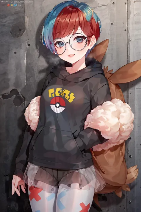 <lora:Puppypaww_Style:0.8>,((masterpiece,best quality)), absurdres, <lora:Penny_Pokemon:0.8>, Penny_Pokemon,  1girl, solo, multicolored hair, two-tone hair, red hair, blue hair, grey eyes,  round eyewear, black hoodie, short shorts, grey pantyhose,  see-through skirt, backpack,  smiling, looking at viewer, cowboy shot,